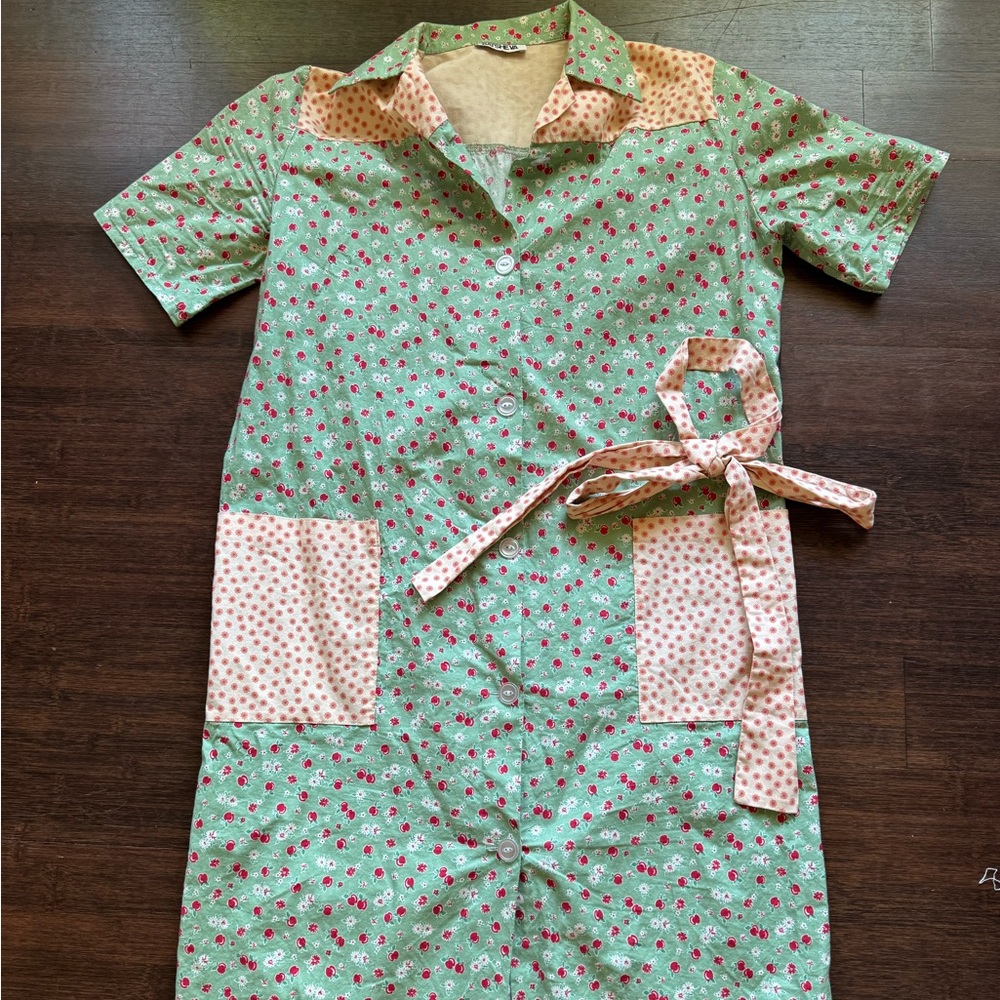 Batsheva Green and Pink Floral Button Up Dress